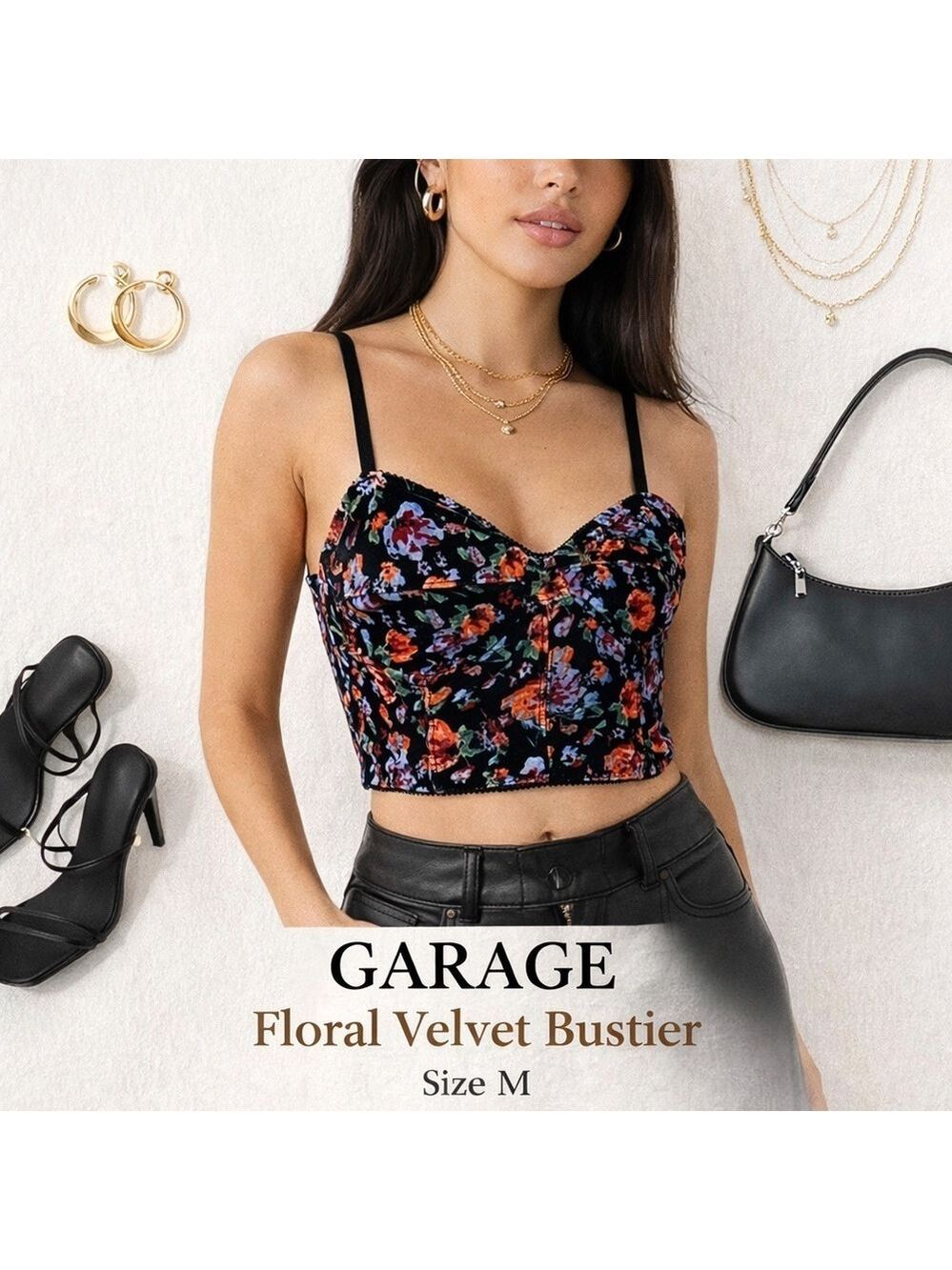 Garage Floral Velvet Bustier Crop Top Corset Style Cami Size M
